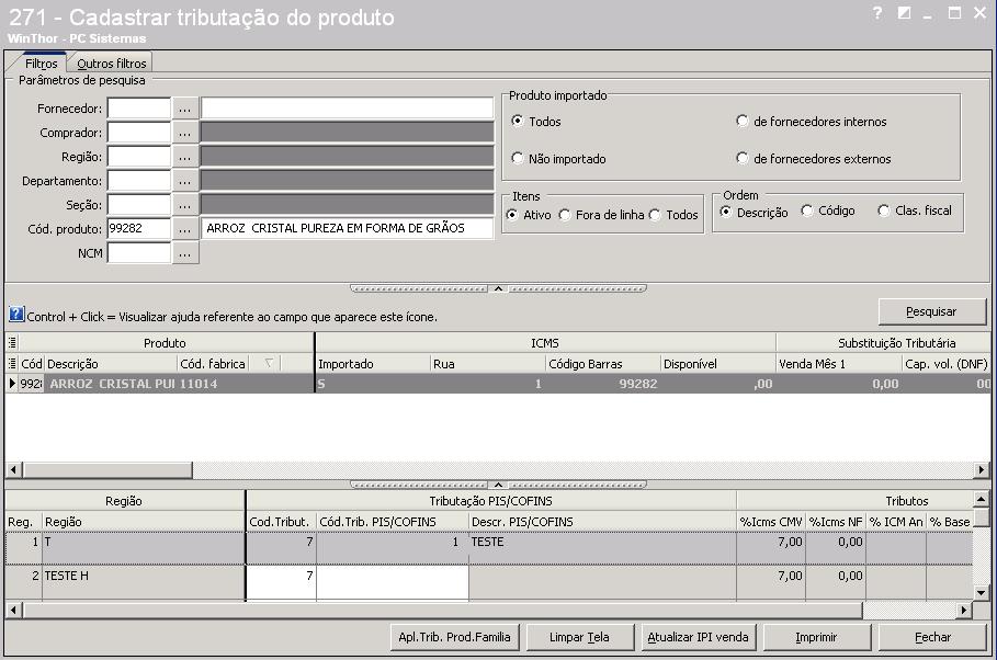 3) Selecione o produto na grid, a Filial, a UF Dest. e informe na coluna "Cód. Trib.