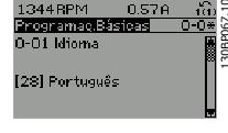 As seções do meio e inferior, no display, mostram uma lista de grupos de parâmetros que podem ser selecionados, alternando as teclas 'para cima' e 'para baixo'.