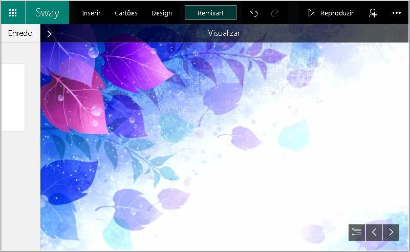 1.5 Menu Remixar!: este menu altera o layout e o design de acordo com os padrões da ferramenta e dos conteúdos que você inseriu nos cartões. [Visualizando seus arquivos Sway] a.