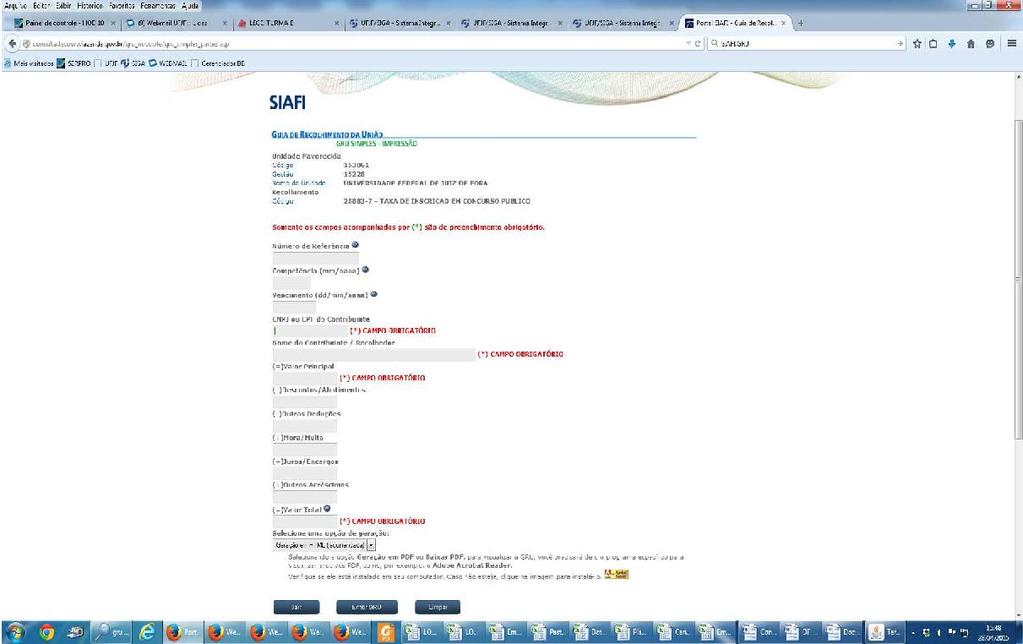 3 - Clicar em "AVANÇAR". Aparecerá a tela abaixo: 4 - Informar os campos CPF: Nome: Valor: No campo: "Selecione uma opção de geração", alterar para: "GERAÇÃO EM PDF". Imprimir.