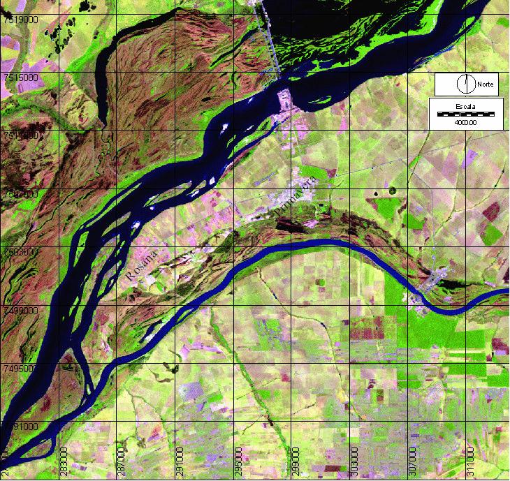 Figura 1 Composição falsa cor 5,4,3 da imagem do satélite Landsat 5 TM da área de estudo no ano de 1984, destacando os rios Paraná e Paranapanema e as áreas urbanas de Rosana e Primavera.