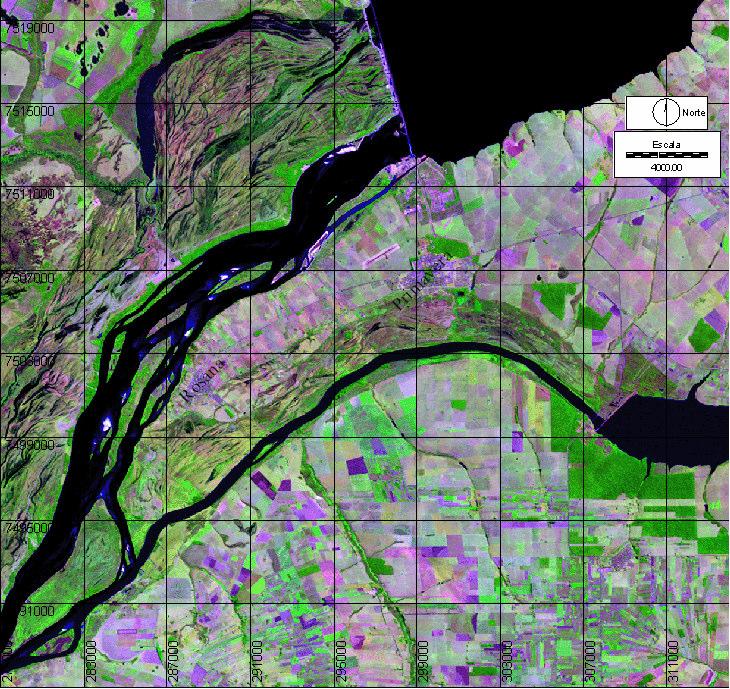 Figura 2 - Composição falsa cor 5,4,3 da imagem do satélite Landsat 7 ETM da área de estudo no ano de 2001, destacando os rios Paraná e Paranapanema e as áreas
