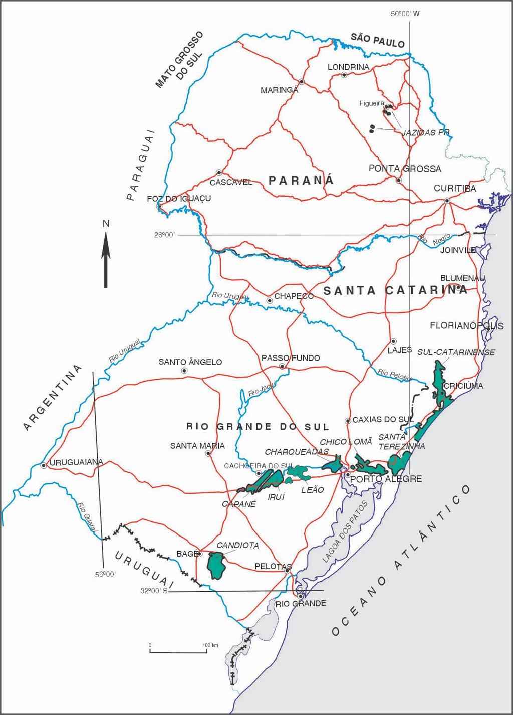 19 Figura 1: Localização das principais jazidas de carvão da bacia do Paraná, com destaque em retângulo vermelho para a jazida sul catarinense. Modificado de Süffert (1997) e Aboarrage e Lopes (1986).
