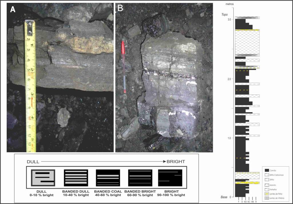 40 Figura 12: Fotos A e B exemplificando o bandamento entre os litotipos brilho e fosco existente no carvão, com detalhe para o nódulo de pirita centimétrico na foto A, abaixo classificação