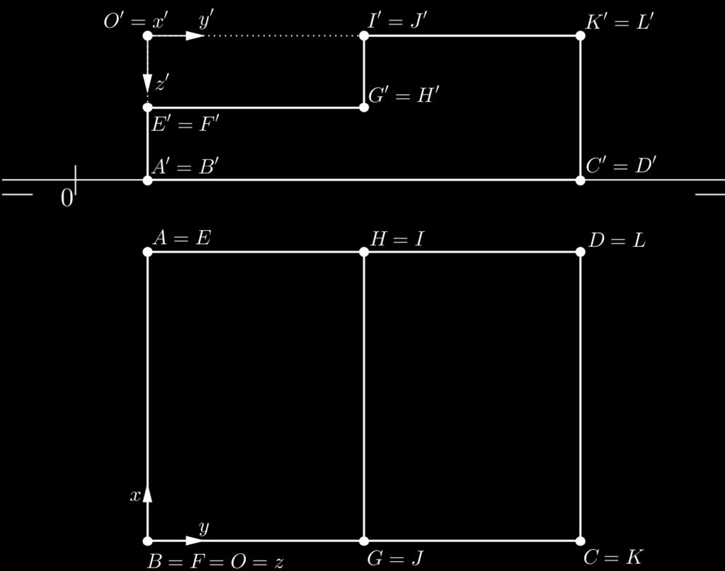 CAPÍTULO 4. PERSPECTIVA 98 Exemplo 4.2.2 Construir a isometria da escada com os eixos da figura 4.2.5. Fig. 4.2.5: Rep. Mongeana duma Escada. 1.