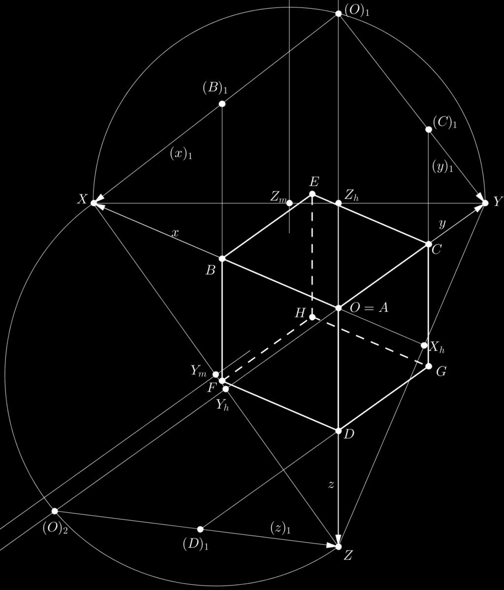 Obtemos os vértices E, F, G, H do cubo de modo análogo ao feito para o caso da isometria. O ponto E é a interseção das paralelas a AB passando por C e a AC passando por B.