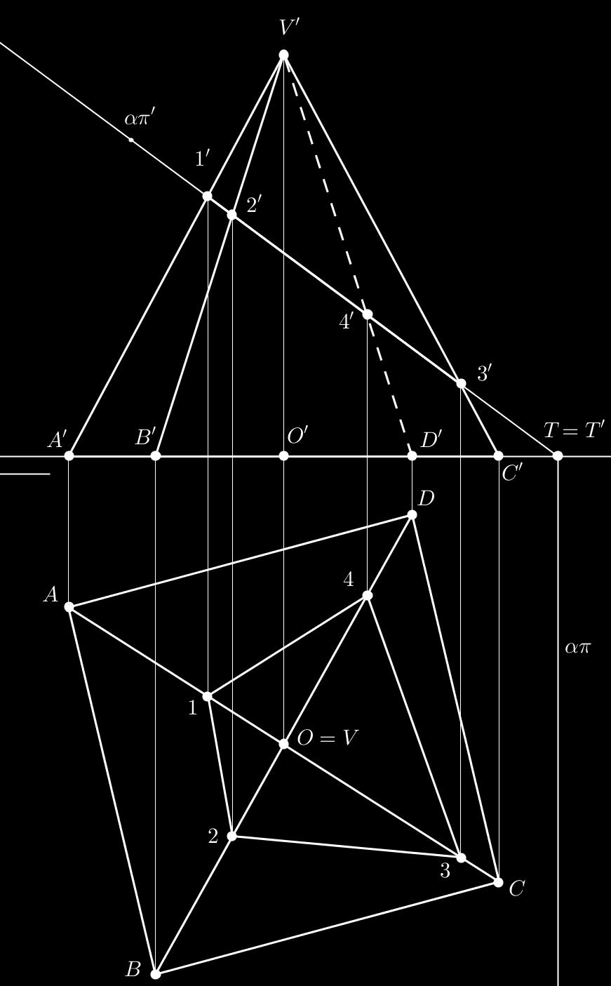CAPÍTULO 2. OPERAÇÕES COM POLIEDROS 30 2.2 Pirâmide Reta Regular 2.2.1 Seção Plana com Plano de Topo Exemplo 2.2.1 Obter a Seção Plana e Seção em VG em uma Pirâmide Reta de base quadrada obtida com um Plano de Topo, conforme a figura 2.