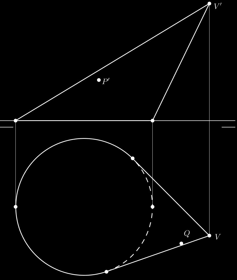 CAPÍTULO 3. CILINDRO, CONE E ESFERA 69 Fig. 3.2.2.3: Pertinência de Pontos num Cone Oblíquo - Dados Iniciais Fig. 3.2.2.4: Pertinência de Pontos num Cone Oblíquo - Solução 3.2.3 Seção Plana Para desenhar a seção plana executamos os seguintes passos: 1.