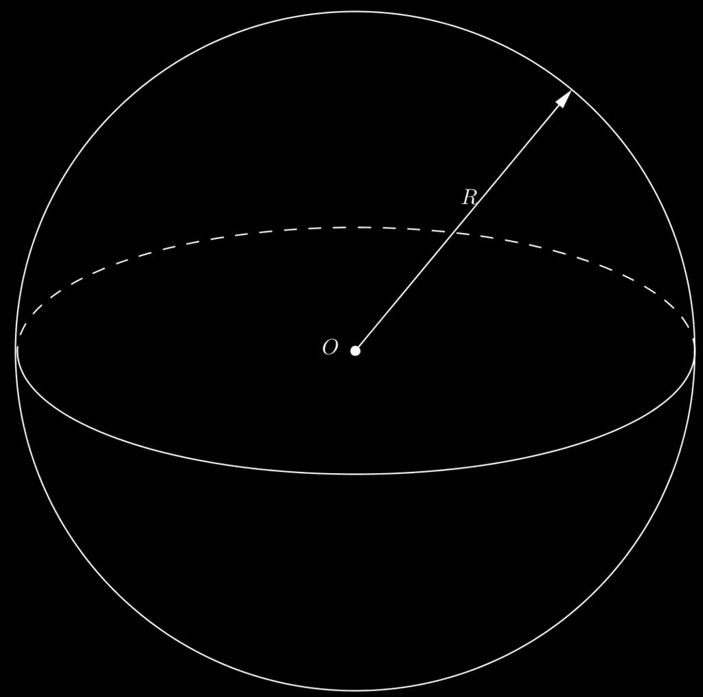 CAPÍTULO 3. CILINDRO, CONE E ESFERA 76 3.4 A Esfera A Esfera é o conjunto de pontos do espaço tridimensional cuja distância ao ponto O (centro da esfera) é constante igual a R (raio da esfera).