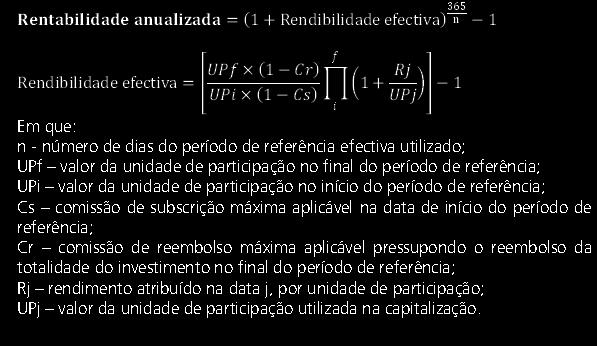 anualizada = 1 + Rendibilidade efectiva 365 n 1 Rendibilidade efectiva = UPf 1 Cr UPi 1 Cs f 1 + Rj UPj i Em que: n - número de dias do período de referência efectiva utilizado; UPf valor da unidade