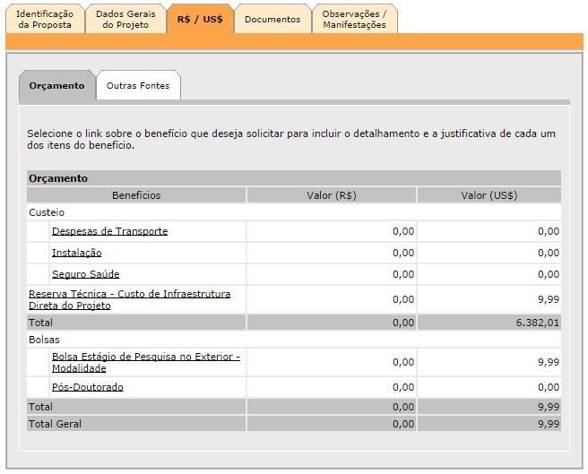 Somente mostrado se tratar-se da modalidade BEPE Pós-Doutorado Observe que o valor da Reserva Técnica é automaticamente