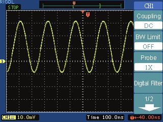 ICEL manaus RIGOL 1. Acoplamento do canal Para usar CH1 como exemplo, insira um sinal de onda senoidal com deslocamento DC. Pressione CH1 Coupling AC para ajustar o acoplamento de CH1 como AC.