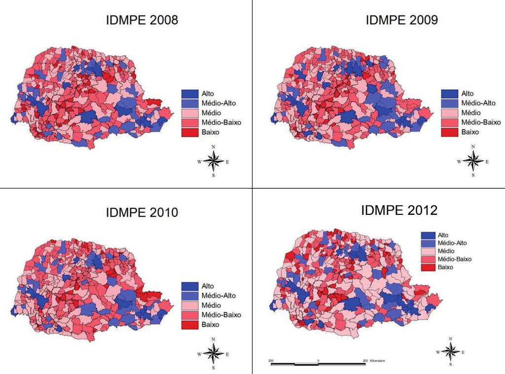 Município 2008 IDMPE 2012 IDMPE 2008 RANK 2012 RANK Salto do Lontra 0,4724 0,5457 249 140 Curiúva 0,4892 0,5624 185 96 Quitandinha 0,4762 0,5490 235 130 Mato Rico 0,3917 0,4633 399 366 Tamarana