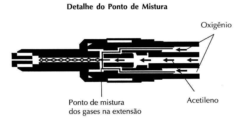 1. Sentido normal de fluxo. 2. Retrocesso da chama. 3. Elemento sinterizado que extingue a chama proveniente do retrocesso. 4. Válvula de retenção que impede a reversão do fluxo de gás. 5.