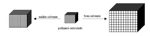 grupamentos químicos responsáveis pela reticulação, sendo quimicamente diferentes dos segmentos de cadeia, não influenciarão significativamente a interação polímero-solvente.