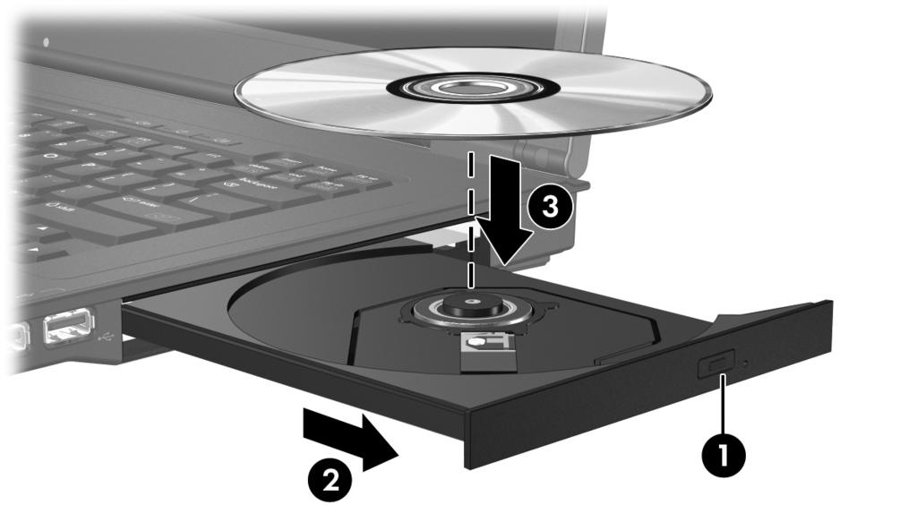 Unidades ópticas (somente modelos selecionados) Inserção de um disco óptico 1. Ligue o computador. 2. Pressione o botão de liberação 1 no painel da unidade para soltar a bandeja de mídia. 3.