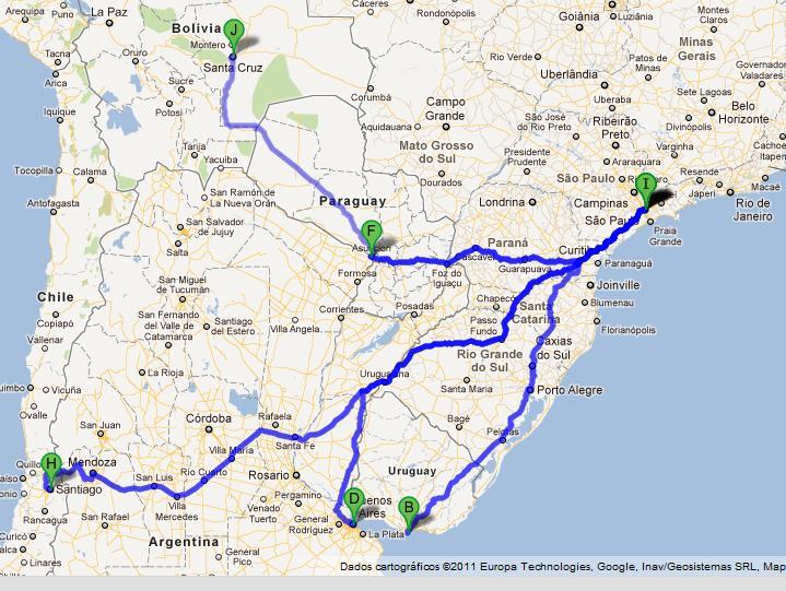 Distâncias rodoviárias, regiões fronteira SP-Buenos Aires= 2.195Km SP-Montevideo= 1.902Km SP-Assunción = 1.388Km SP-Santa Cruz = 3.238Km SP-Santiago = 3.