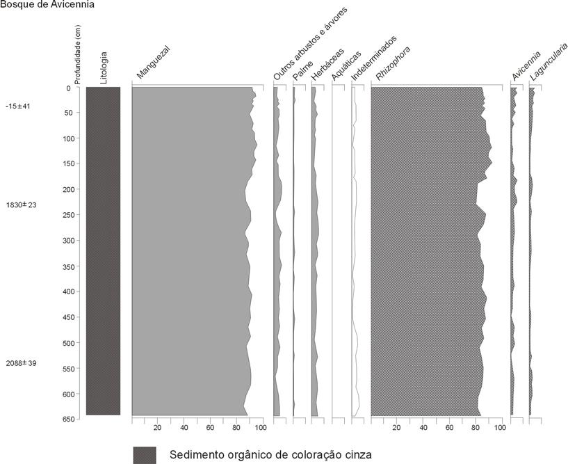 entre os taxa de mangue. Figura 3: Diagrama de porcentagem dos diferentes grupos de vegetação e de porcentagem dos taxa de mangue da península Bragança, Pará (modificado de Behling et al., 2001).