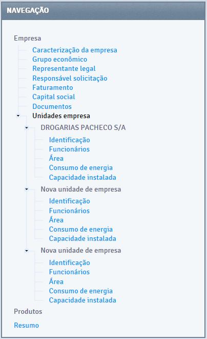 Formulário da empresa Unidades da empresa