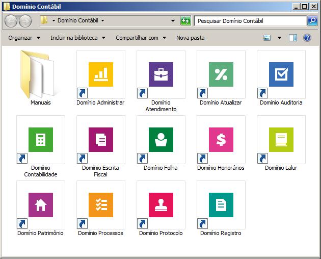 1. Acessar o Domínio Registro Para você acessar o módulo Domínio Registro, proceda da seguinte maneira: 1. Dê duplo clique na pasta Domínio Contábil, na área de trabalho.