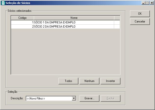 Sócios..., para abrir a janela Seleção de Sócios: 12. No quadro Sócios selecionados, você poderá selecionar os sócios, clicando sobre os mesmos.