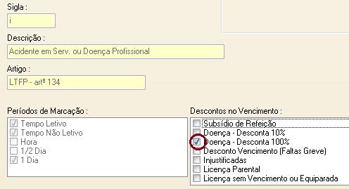 a) Na sigla i Acidentes em serviço ou doença profissional foi colocada a indicação que desconta 100% por doença (ver imagem seguinte). Não altere esta condição de desconto.