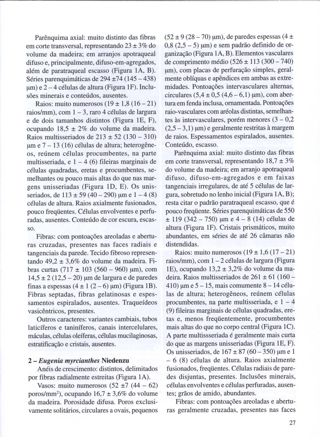 Parênquima axial: muito distinto das fibras em corte transversal, representando 23 ± 3% do volume da madeira; em arranjos apotraqueal difuso e, principalmente, difuso-em-agregados, além de