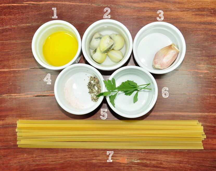 1) 2) 3) 4) 5) 6) 7) 2 colheres de sopa de azeite de oliva; 500g de vongole; 1 dente de alho; Sal a