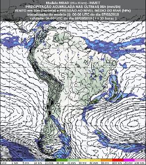 a rodada do MBAR no dia 07/03/2010 às 00 UTC para o campo de pressão ao nível médio do mar, vento a 10 metros e precipitação acumulada em 6 horas.