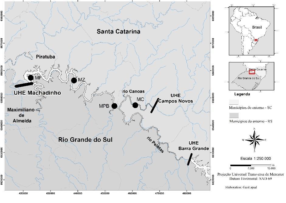 65 Figura 1. Localização da Usina Hidrelétrica de Machadinho no Rio Pelotas entre os estados de Santa Catarina e Rio Grande do Sul.