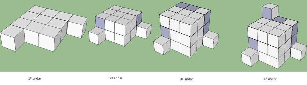 4. Uma pilha de caixas cúbicas foi montada de modo que se enxergue uma mesma imagem ao observá-la de frente, de lado, ou por cima.
