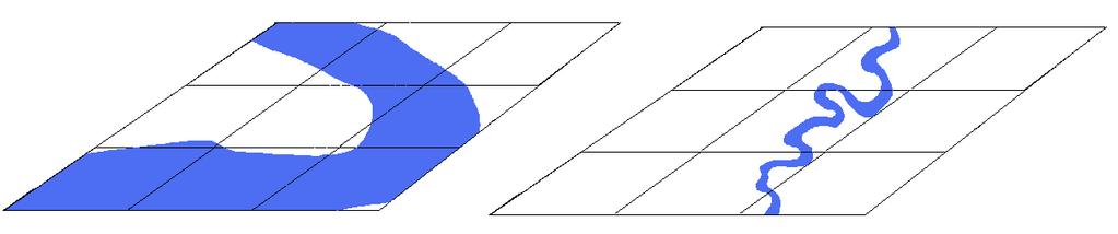 (a) Figura 8. Diferença na representação da sinuosidade de canais em MDEs: (a) mais largos de maior hierarquia; (b) canais mais estreitos de menor hierarquia.