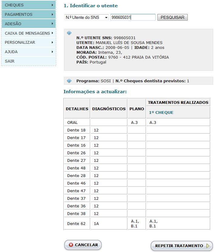 Clicar para ter acesso aos detalhes do 1.º cheque do utente Figura 66: Resumo do ciclo de tratamentos do utente.