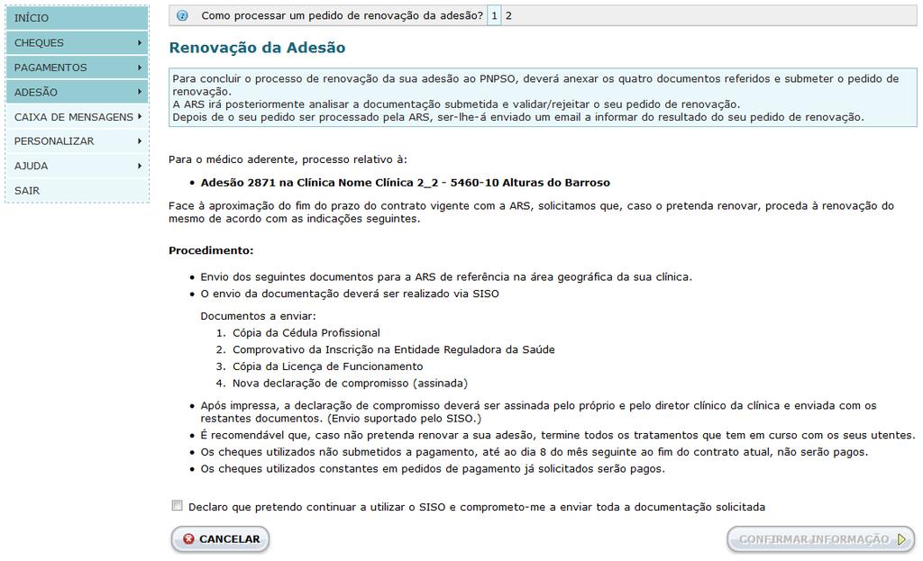 Se selecionar a opção Sim, será encaminhado para a página com o procedimento necessário para efetuar a renovação do contrato (esta será a mesma página que terá