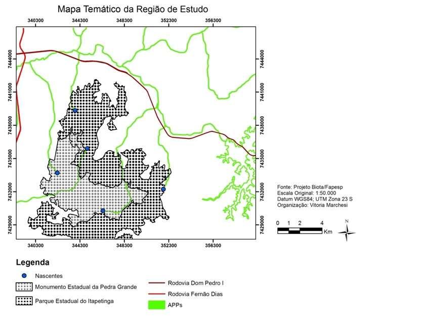 41 Figura 6: Mapa Temático incluindo nascentes, APPs, rodovias, e Unidades de Conservação de Atibaia, Bom Jesus dos Perdões, Mairiporã, Piracaia, e Nazaré Paulista. Fonte: Projeto Biota/FAPESP.