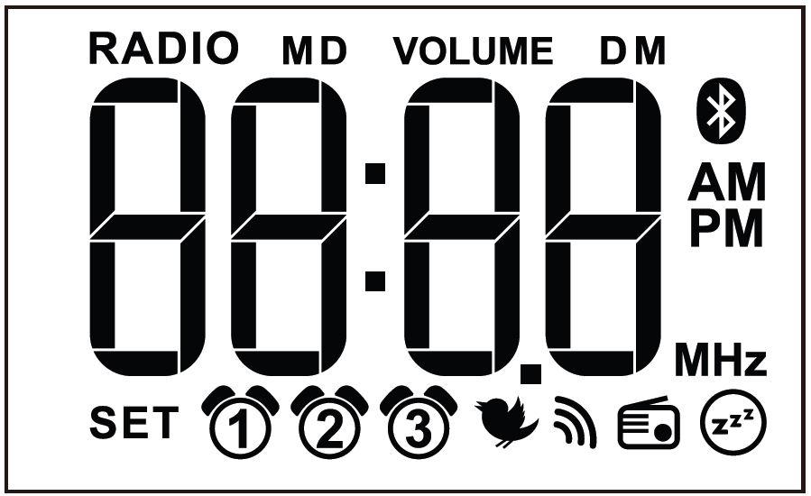 Visor 1 2 3 2 12 11 10 1 Modo de rádio 7 Função "Boa Noite" 2 Mês (M) / Dia (D) 8 Modo de rádio 3 Volume do som 9 Bip 4 Bluetooth 10 Melodia de despertar 5 Modo de hora 11 Posições de memória de