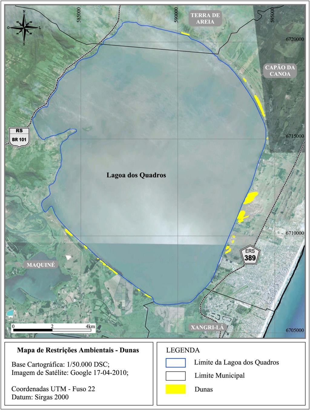 44 Alterações Ambientais dos Recursos Hídricos e das Dunas na Orla da Lagoa dos Quadros Litoral Norte do RS Figura 7. Mapa de Restrições Ambientais Dunas - no entorno da Lagoa dos Quadros.