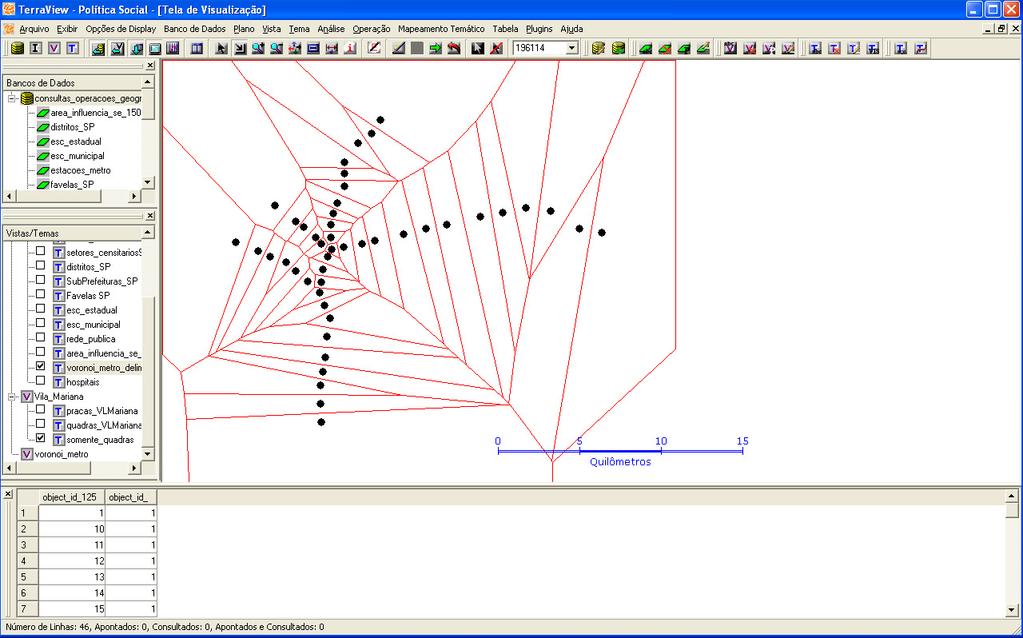 Figura 6.25 Habilite os temas de Estações de Metrô e o Voronoi para analisar os resultados. Intersecção A operação de intersecção é realizada através do cruzamento de 2 temas.