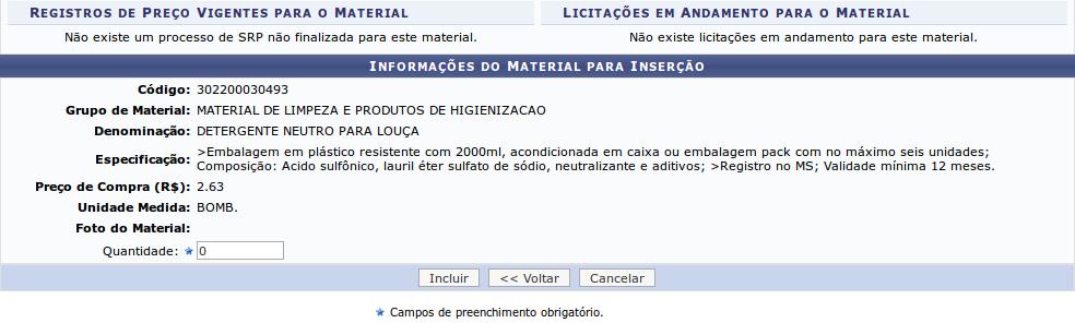 Clique no ícone para Exibir Detalhes do Material, e no ícone para Ocultar Detalhes do Material. Clique no ícone para selecionar o material que desejar.