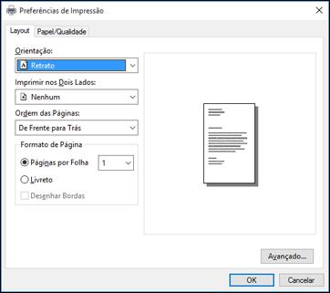 Você vê a janela de definições da impressora: 2. Selecione as configurações de impressão que deseja usar como padrão em todos os programas do Windows. 3. Clique em OK.