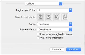 Seleção das opções de leiaute de impressão - software de impressora PostScript - Mac Você pode selecionar uma variedade de opções de leiaute de documentos ou fotos, selecionando Leiaute no menu