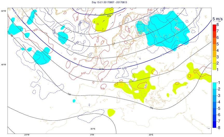 Análise - 3ª Semana (07/08 a 13/08): Configuração sinóptica média para a 3ª semana Geopotencial aos 500hPa (linha a cheio), anomalia da temperatura a 2 metros (sombreado), anomalia do vento a 10