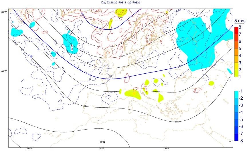 Análise - 4ª Semana (14/08 a 20/08): Configuração sinóptica média para a 4ª semana Geopotencial aos 500hPa (linha a cheio), anomalia da temperatura a 2 metros (sombreado), anomalia do vento a 10