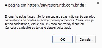 8. ALERTAS PARA CONFIGURAÇÃO DE TAXAS E PRAZOS Sempre que houver bandeiras sem definições de taxas e prazos será gerado um alerta com link direcionando para tela de configuração.