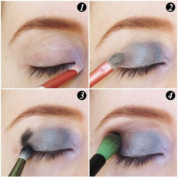 Dicas de maquiagem para noite 1- Aplique a sombra lilás no canto interno dos olhos. 2- Utilize a sombra chumbo para cobrir toda a pálpebra móvel.