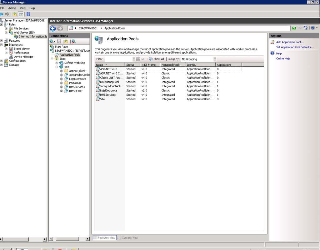 Clicar em Applcation pools.