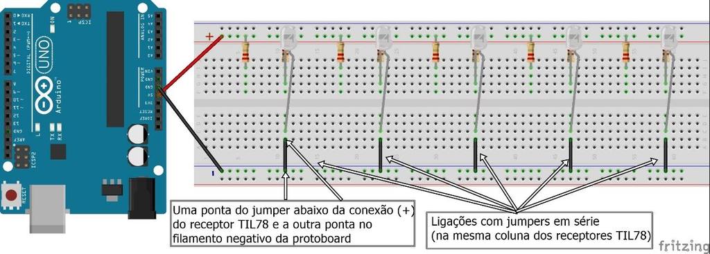 5- Colocação de jumpers em série com os infravermelho TIL78: Em seguida conecta-se uma ponta do jumper ao lado do polo positivo + do infravermelho TIL78 (na mesma coluna) e a outra ponta do jumper no