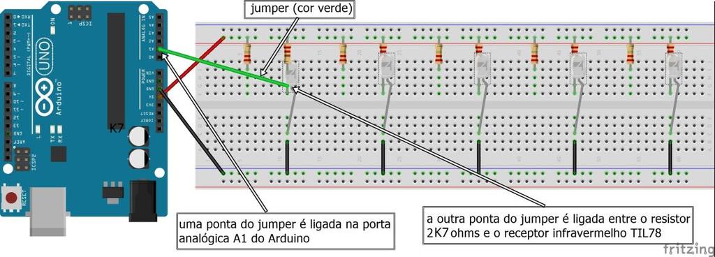 polo negativo (perna menor do infravermelho) e a outra ponta do jumper em uma das seis entradas analógicas do Arduino.