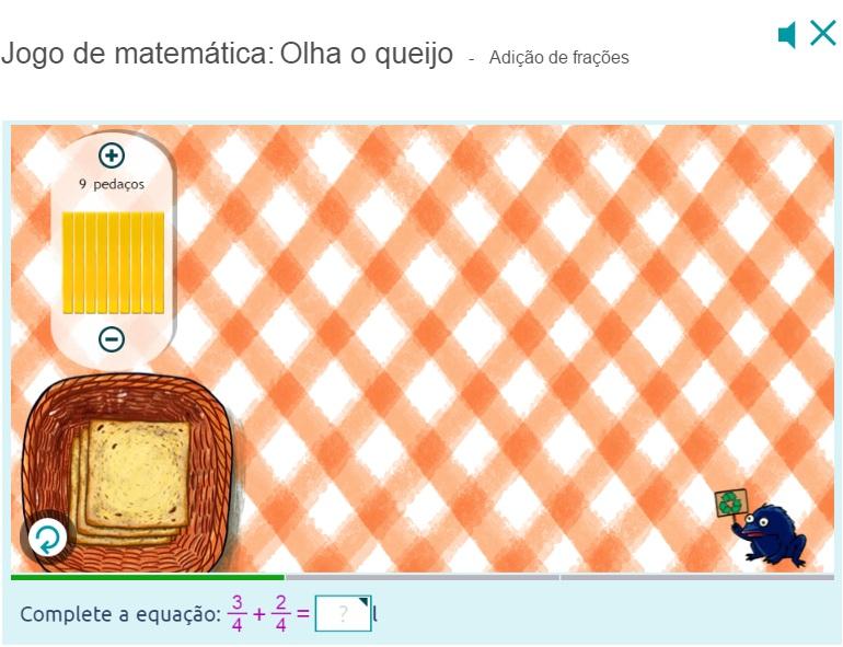 5 Di ga: Leia as instruções na parte debaixo da tela. Agora temos que completar a equação +. Vamos usar o pão e o queijo. P e rgunt e : Como podemos representar a fração queijo?