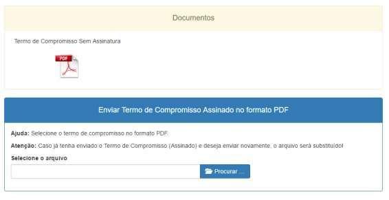 Após fazer o download do Termo de Compromisso, o aluno poderá perceber que o documento já contará com as assinaturas de seu(sua) orientador(a), coordenador(a) de curso e do pró reitor de extensão e